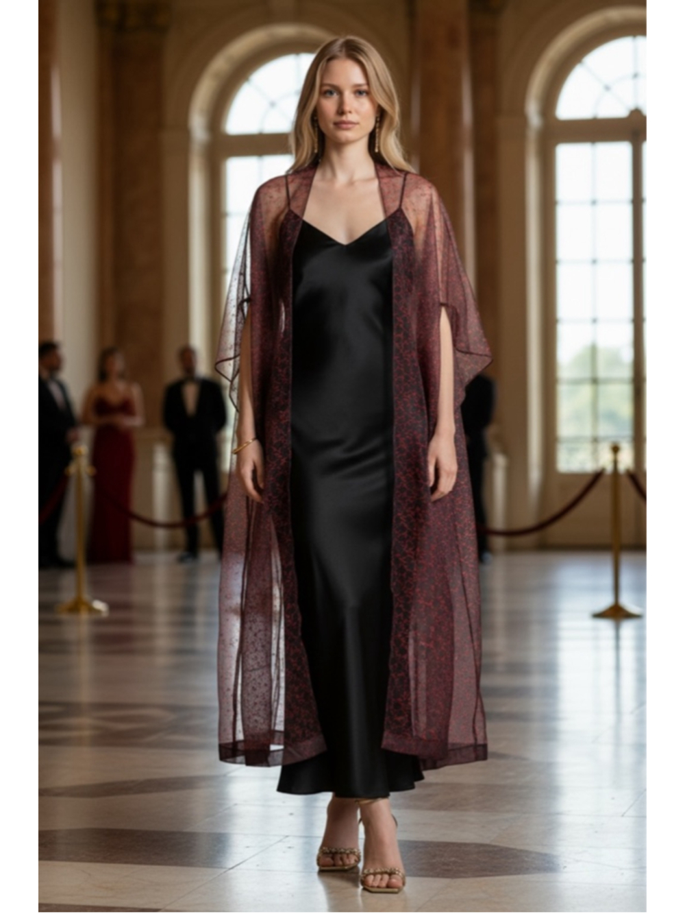 Sani| Red Floral Mesh sleeveless Cape| EUC| Med | $298 Retail